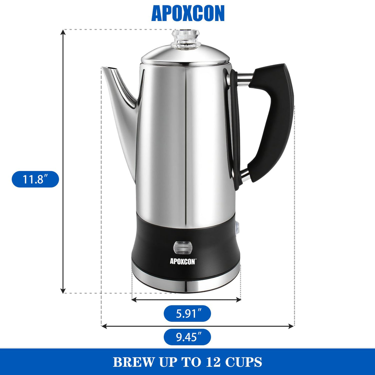 APOXCON Electric Coffee Percolator Stainless Steel Coffee Maker with Glass Knob & On/OFF Switch Classic Coffee Pot with Keep Warm Cordless Serve - No Aluminum No Plastic Contact with Beverage (12 Cup)
