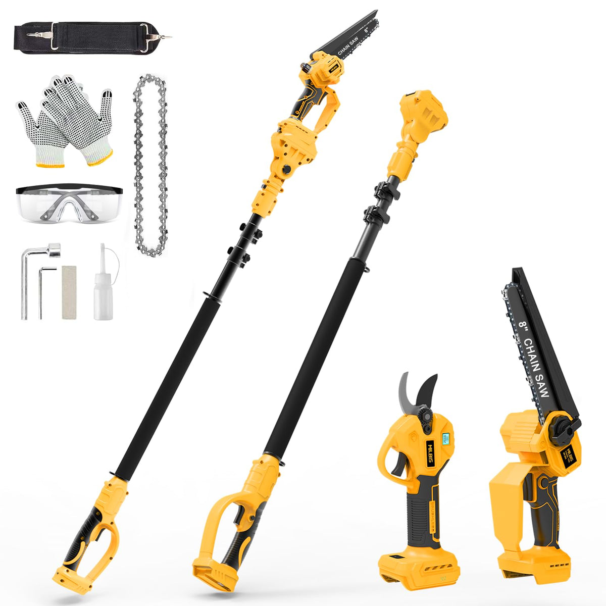 4-in-1 Cordless Pole Saw & Electric Pruning Shears for DeWalt 20V Battery 8 Inch Brushless Mini Chainsaw with Extension Pole, 15 Ft Reach, Auto Oiling, for Tree Trimmer Branch Cutter(NO Battery)
