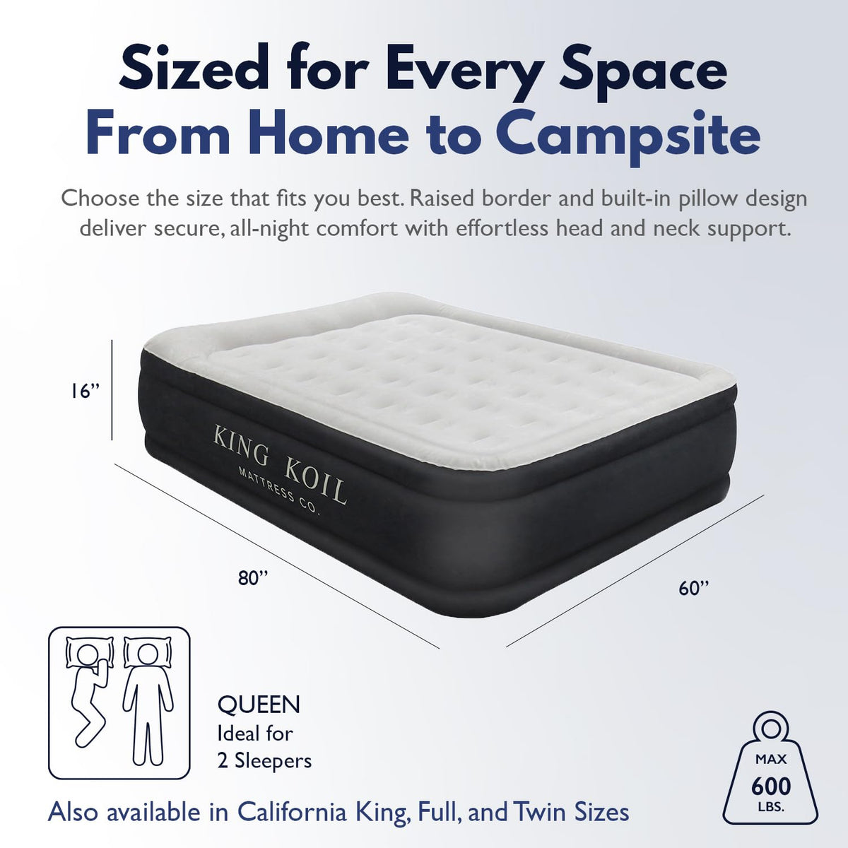 King Koil Air Mattress Queen with Built-in Pump, 20” Raised Airbed Luxury blow up mattress for guests & home • Inflates in 2 minutes • 650 lb capacity • Patented high-speed pump