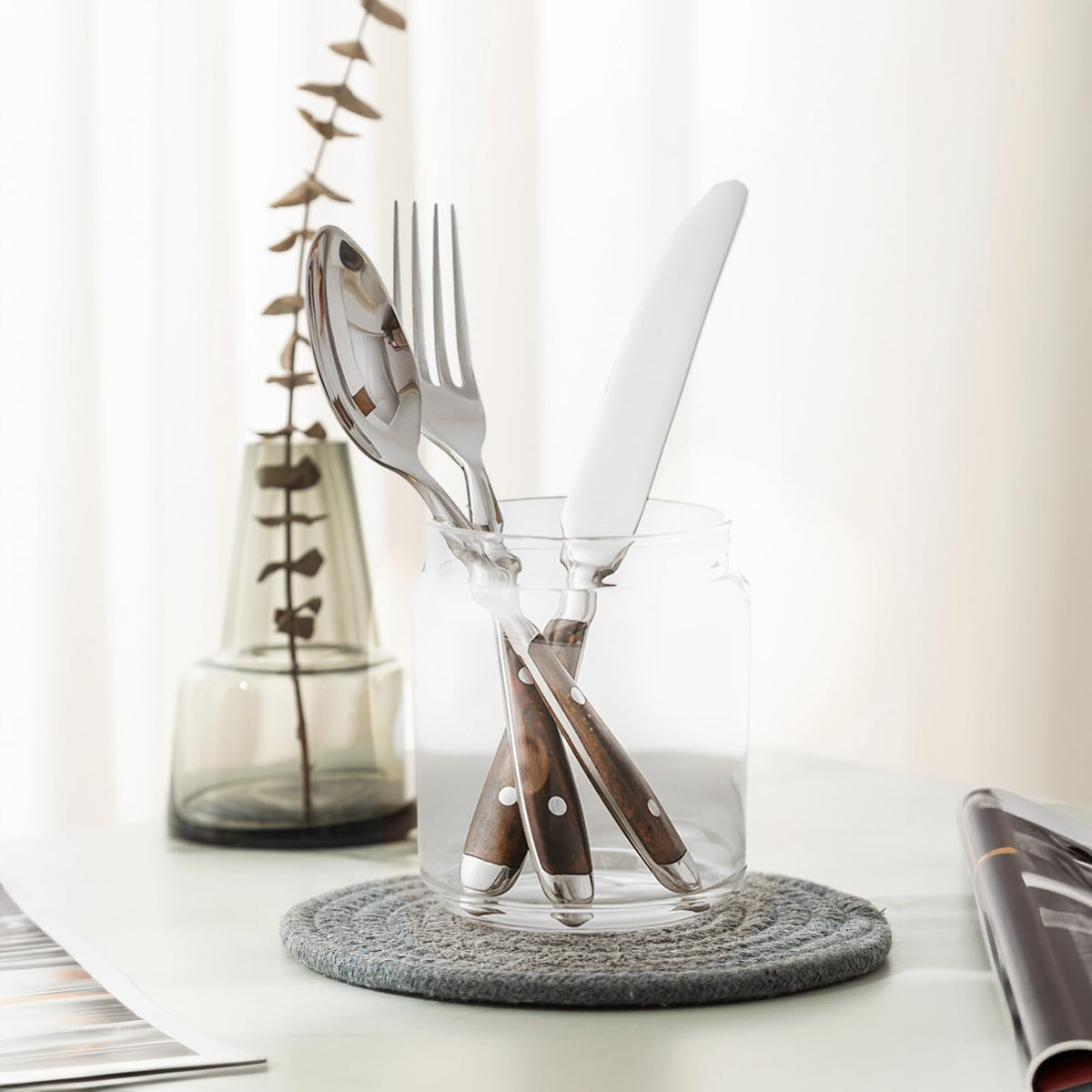 20pcs Silverware Set, Stainless Steel with Riveted Handle (Brown) vintage french bistro flatware, dishwasher safe, mirror polished, everyday use, for home,new homeowner housewarming gift,