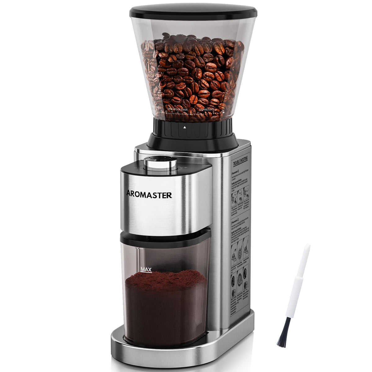 Aromaster Conical Coffee Bean Grinder, 48 Settings, Anti-Static, Sliver Stainless Steel, 40S Adjustable Timer, Removable Burr, Brush for Easy Cleaning, for Espresso French Press Home Use, Quiet
