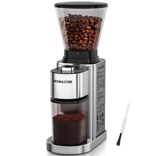 Aromaster Conical Coffee Bean Grinder, 48 Settings, Anti-Static, Sliver Stainless Steel, 40S Adjustable Timer, Removable Burr, Brush for Easy Cleaning, for Espresso French Press Home Use, Quiet