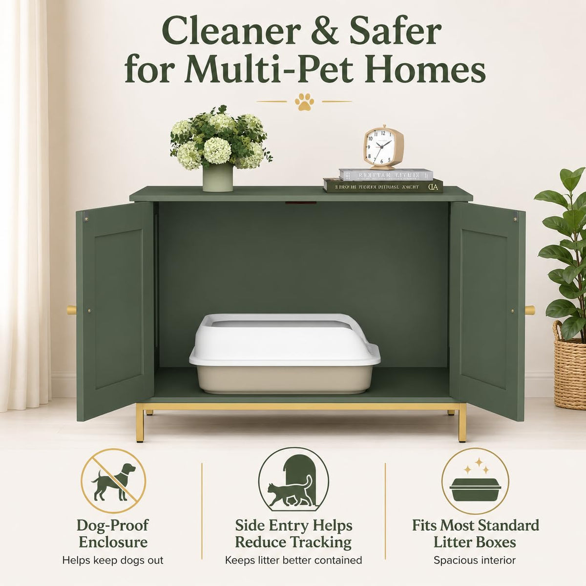 Homhedy 28.3" L Cat Litter Box Enclosure with Metal Frame, Green and Gold Hidden Litter Box Furniture, Cat House, Pet Storage Cabinet, Fit Most of Litter Box, End Table, Morden Style