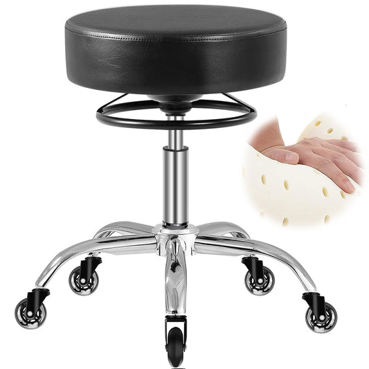 Black Rolling Stool with Wheels 400lbs - 360° Quietly Smooth 3 In Thick Seat Padding, 5.1 In Adjustable Height, Heavy Duty Lash Stool for Tatoo Lab Massage Salon Spa
