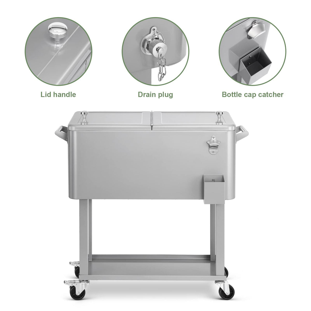 80 Qt Rolling Ice Chest Cooler Cart, Stand Up Cooler Trolley Patio Beverage Cooler Trolley with Wheels,Outdoor Drink Bar Stand for Backyard Party, Includes Serving Tray, Ice Scoop