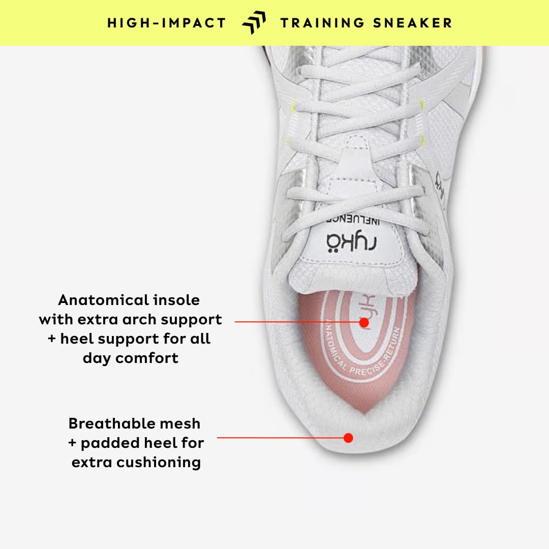 Ryka Women's Influence Cross Trainer Dance fitness shoe, Arch support, Breathable mesh, Lace-up front, Soft cushioning, Padded heel, Pivot point, Rubber sole