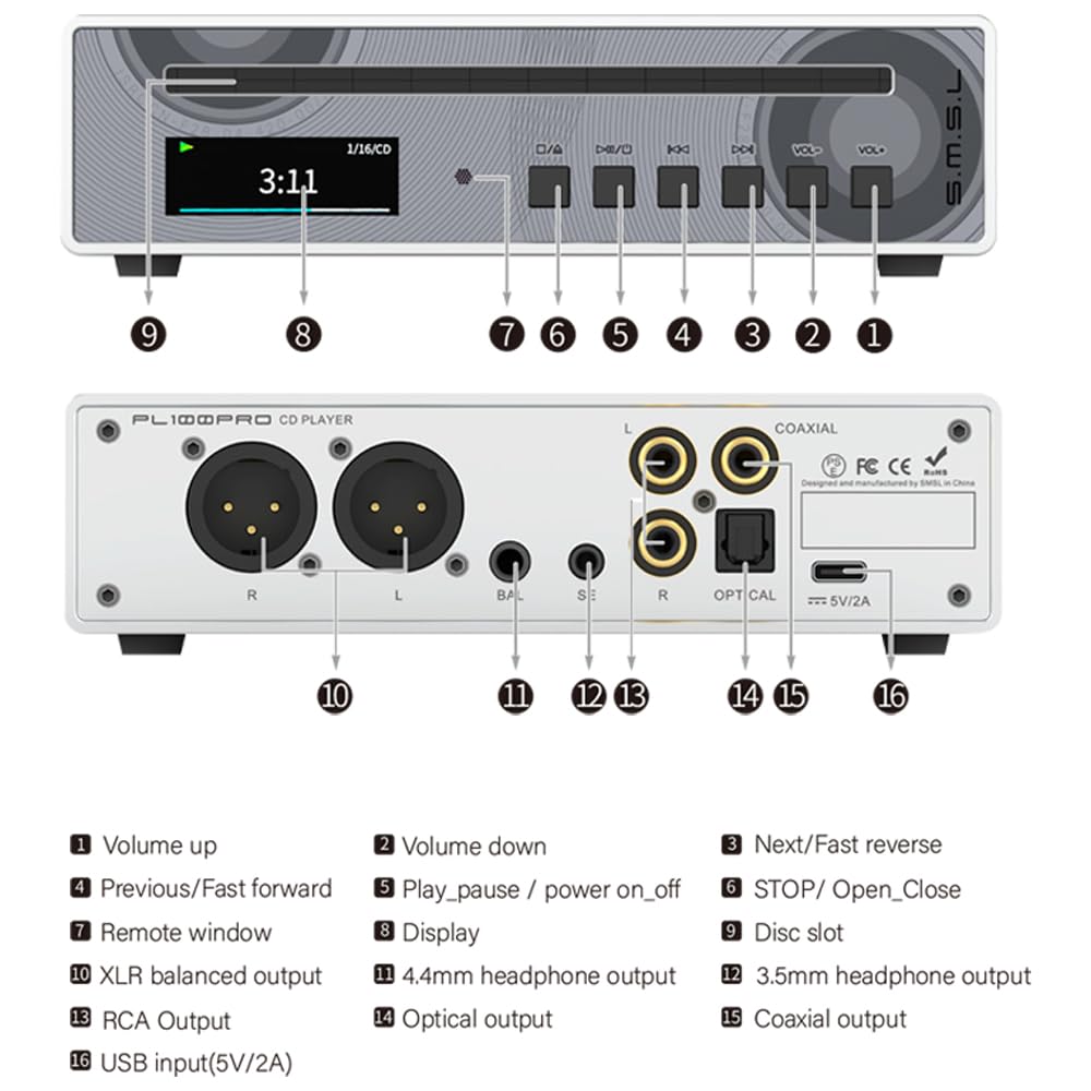 SMSL PL100PRO CD Player,RCA/Optical/Coaxial/XLR Balanced/3.5+4.4mm Headphone Output,200mW 32Ω,2*CS43131 High-End DAC Chips,Compatible with CD-R/CD-RW/MP3 Discs,Lossless MQA Playback