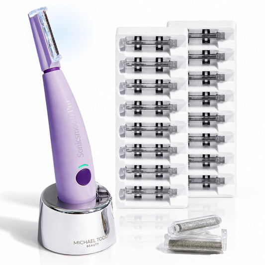 Michael Todd Beauty Sonicsmooth Pro+ Dermaplaning System & Eyebrow Trimmer Peach Fuzz Removal, Dermaplane Razor for Women Face w/ 16 Blades & 2 Microsmooth Exfoliation Tips, LED Light, 3-Year Warranty