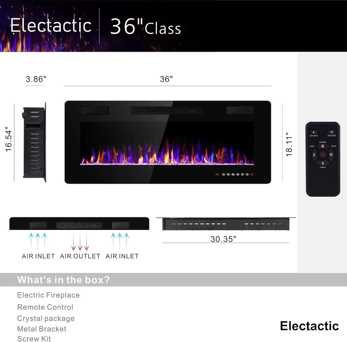 Electactic 36 Inch Electric Fireplace Insert Ultra-Thin - Recessed & Wall-Mounted Fireplace Heater with Thermostat, Adjustable Flame, Remote Control - Linear with Timer, Touch Screen, 750/1500W