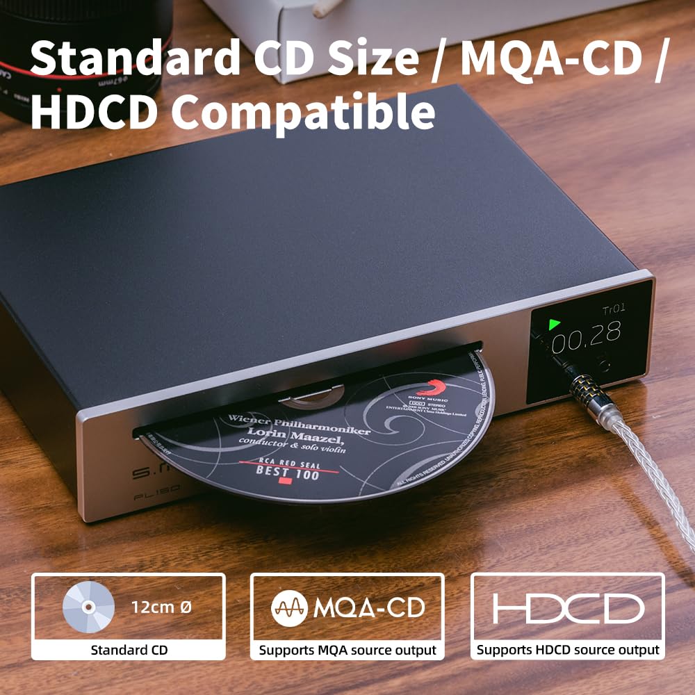 SMSL PL150 CD Player High Power CS43198 D/A chip, Standard/MQA-CD/HDCD CDs, with RCA/3.5mm & 4.4mm Headphone/Optical/Coaxial Output, for Vehicle/Laptop/TV/PC, CD Player Amp with Remote Control (Black)