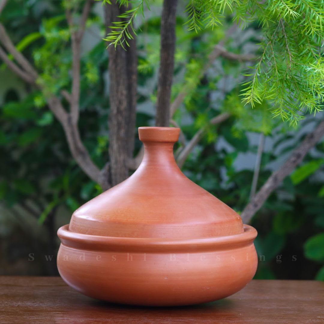Swadeshi Blessings HandMade Unglazed Clay Tagine for Cooking with Lid, 2.8L Chemical-Free, Multi-Use Clay Cookware, Earthen Tajine, Mud Utensils/Stockpot, Terracotta Pot, Free Cleanser&Palm Leaf Stand