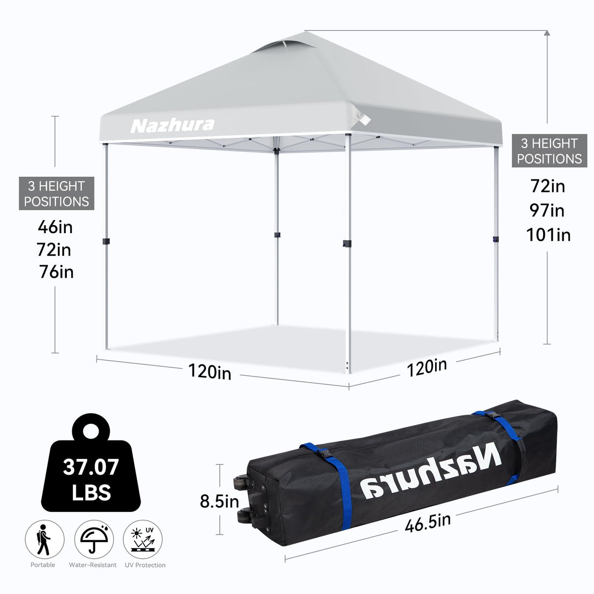 Nazhura 10' x 10' Pop Up Canopy Tent with Sand Weight Bag, Freestanding Sun Shelter for Picnic and Camping, One Person Setup and Height Adjustable (White)