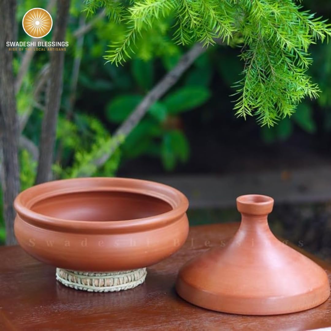 Swadeshi Blessings HandMade Unglazed Clay Tagine for Cooking with Lid, 2.8L Chemical-Free, Multi-Use Clay Cookware, Earthen Tajine, Mud Utensils/Stockpot, Terracotta Pot, Free Cleanser&Palm Leaf Stand