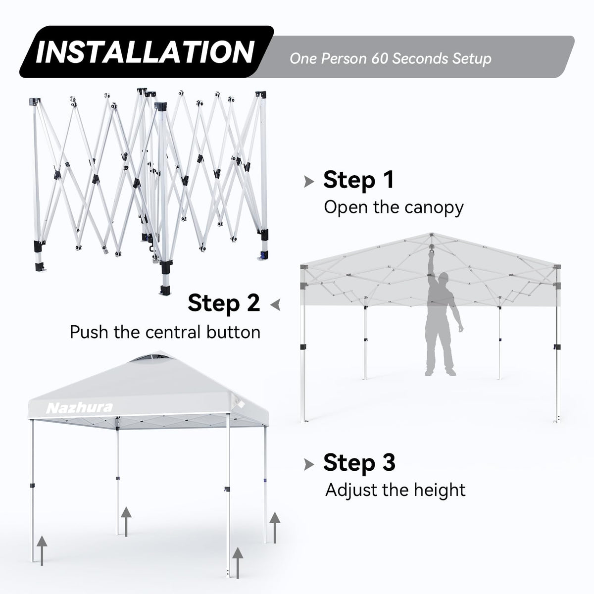 Nazhura 10' x 10' Pop Up Canopy Tent with Sand Weight Bag, Freestanding Sun Shelter for Picnic and Camping, One Person Setup and Height Adjustable (White)