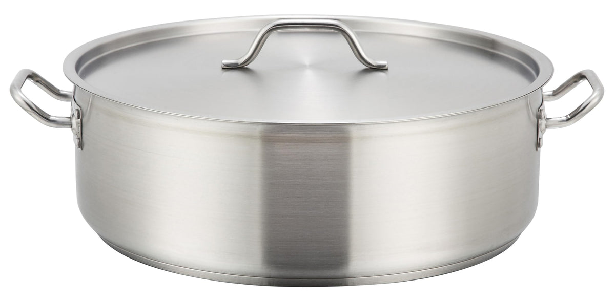 Winco 15 qt Stainless Steel Brazier Pan with Lid Flat bottom, Wide base, Riveted handles, Induction safe, Great for Braising, Simmering, Batch Cooking and Restaurant Kitchens
