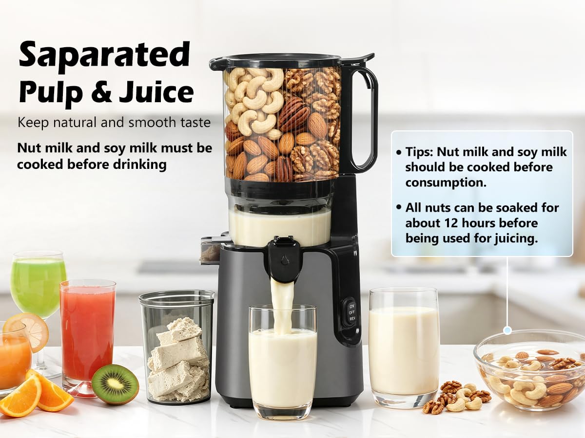 YPONE Juicer Machines 2-in-1 Cold Press Juicer Easy to Clean Titanium gray Making Juice, Nut Milk, 5.8" Large Chute , 400W Power Reverse Function With Pusher