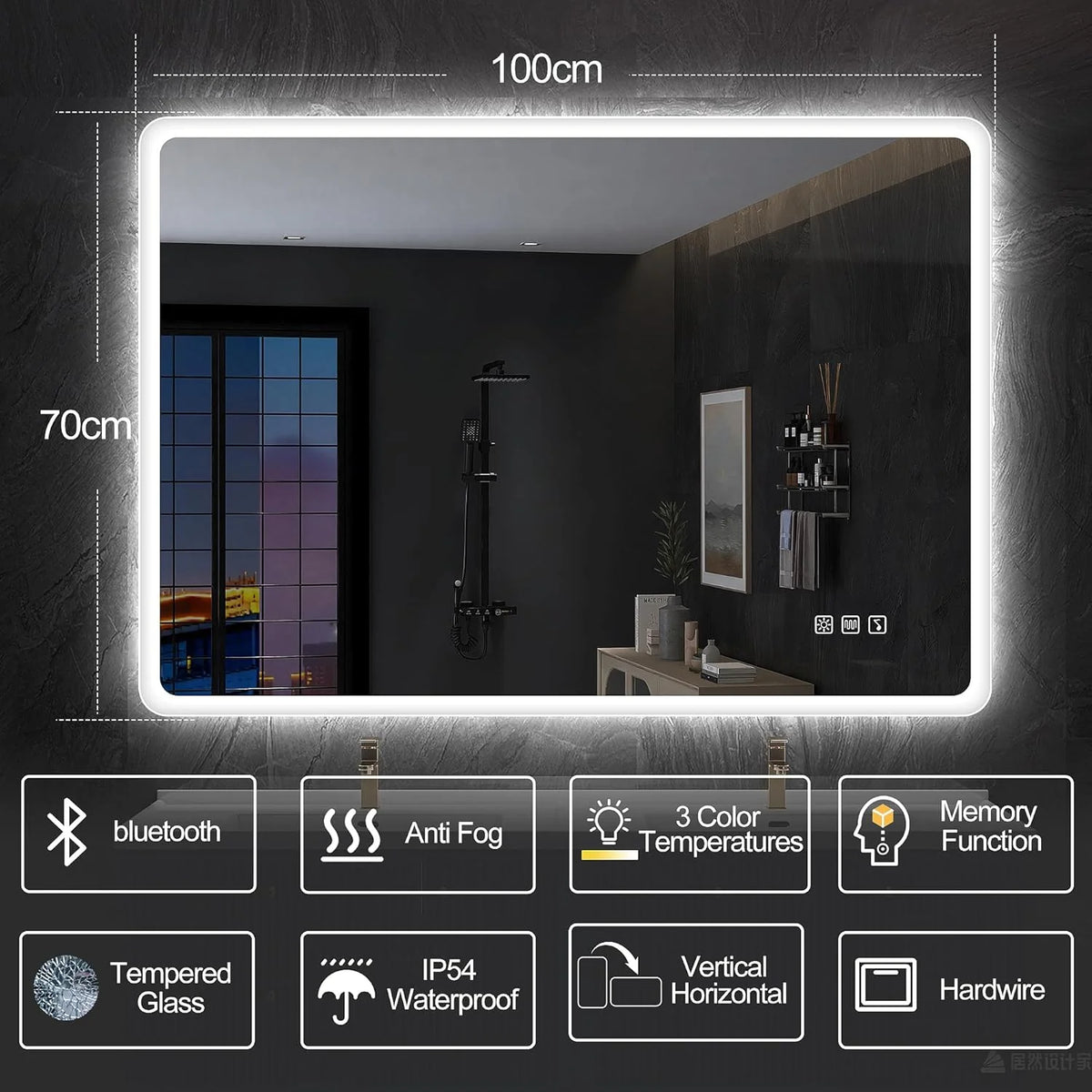 2026 Bathroom mirror S'bagno with lighting 1200 x 700 mm, IP44, LED, Bluetooth, anti-fog, 3 light colours (3,000 K, 4,000 K