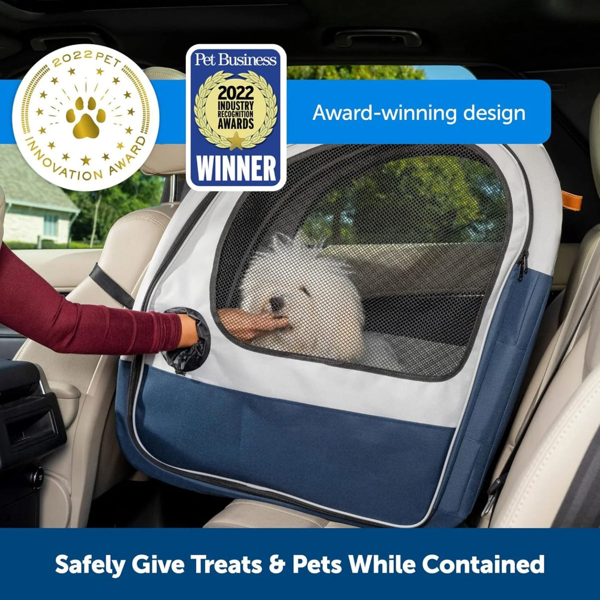 2026 PetSafe Happy Ride Foldable transport box, dog travel box for the car backseat, net doors for ventilation, blue/grey