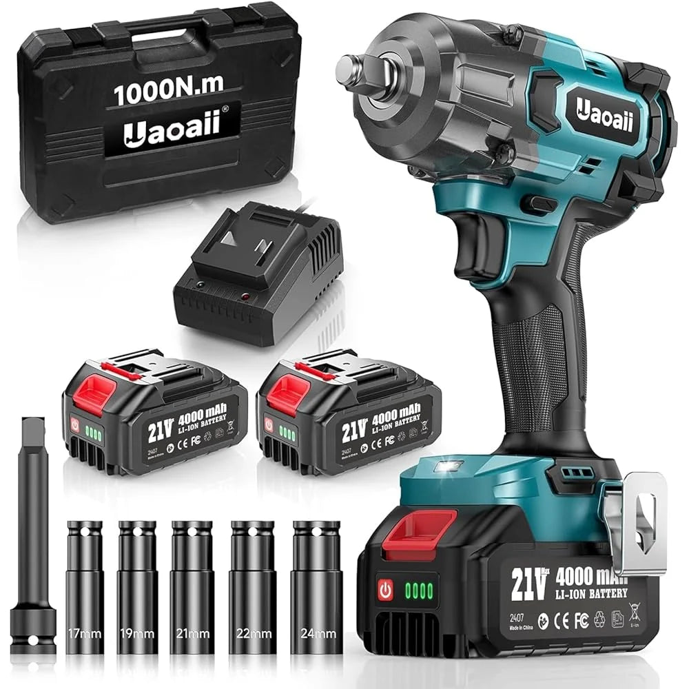 2026 Uaoaii 1000 Nm Brushless Cordless Impact Wrench with 4000mAh Battery, Adapter and 5 Sockets