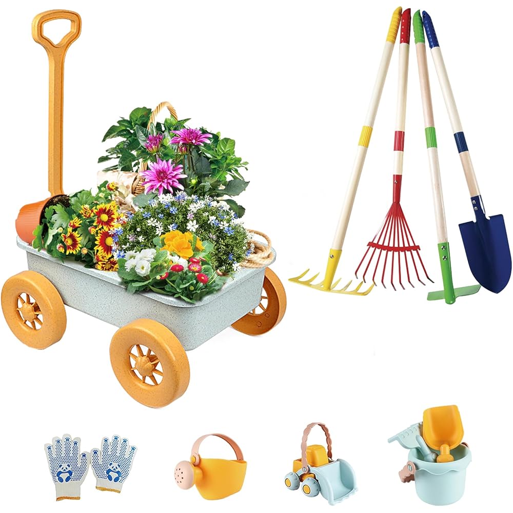 2026 Mostop Gardening Tool Kit for Children - Toy with wheelbarrow, metal shovel, rake, rake, outdoor garden cart, birthday g
