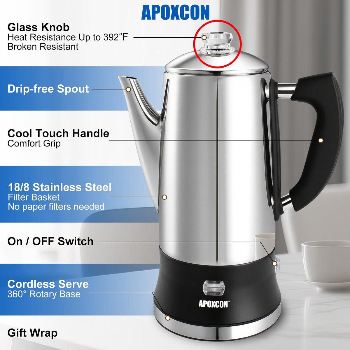 APOXCON Electric Coffee Percolator Stainless Steel Coffee Maker with Glass Knob & On/OFF Switch Classic Coffee Pot with Keep Warm Cordless Serve - No Aluminum No Plastic Contact with Beverage (12 Cup)