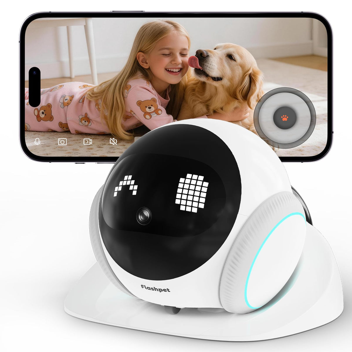 Small 1080P Mobile Pet Robot Camera with App Control, White Smart Home Companion Camera, Auto Tracking, Two-Way Audio, Night Vision, Auto-Recharge, Long Distance Gift for Family
