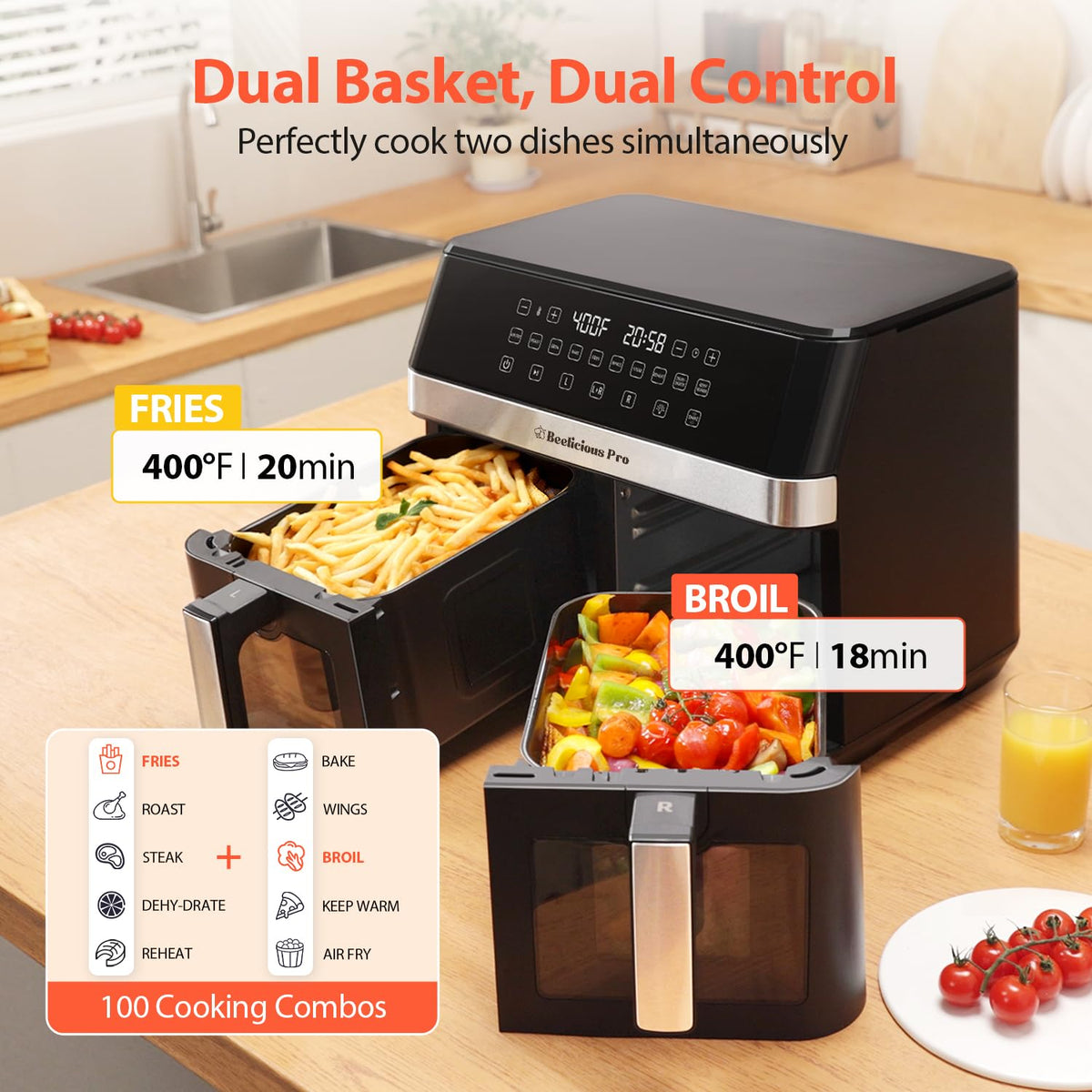 12QT Large Dual Air Fryer, 10-in-1 with SyncCook, ProTemp & UltraCrisp Tech 360° Rapid Airflow, 2×6QT Baskets, Family-Size, 60° Easy-Panel, Full Touchscreen, Viewing Windows, Nonstick & Dishwasher Safe