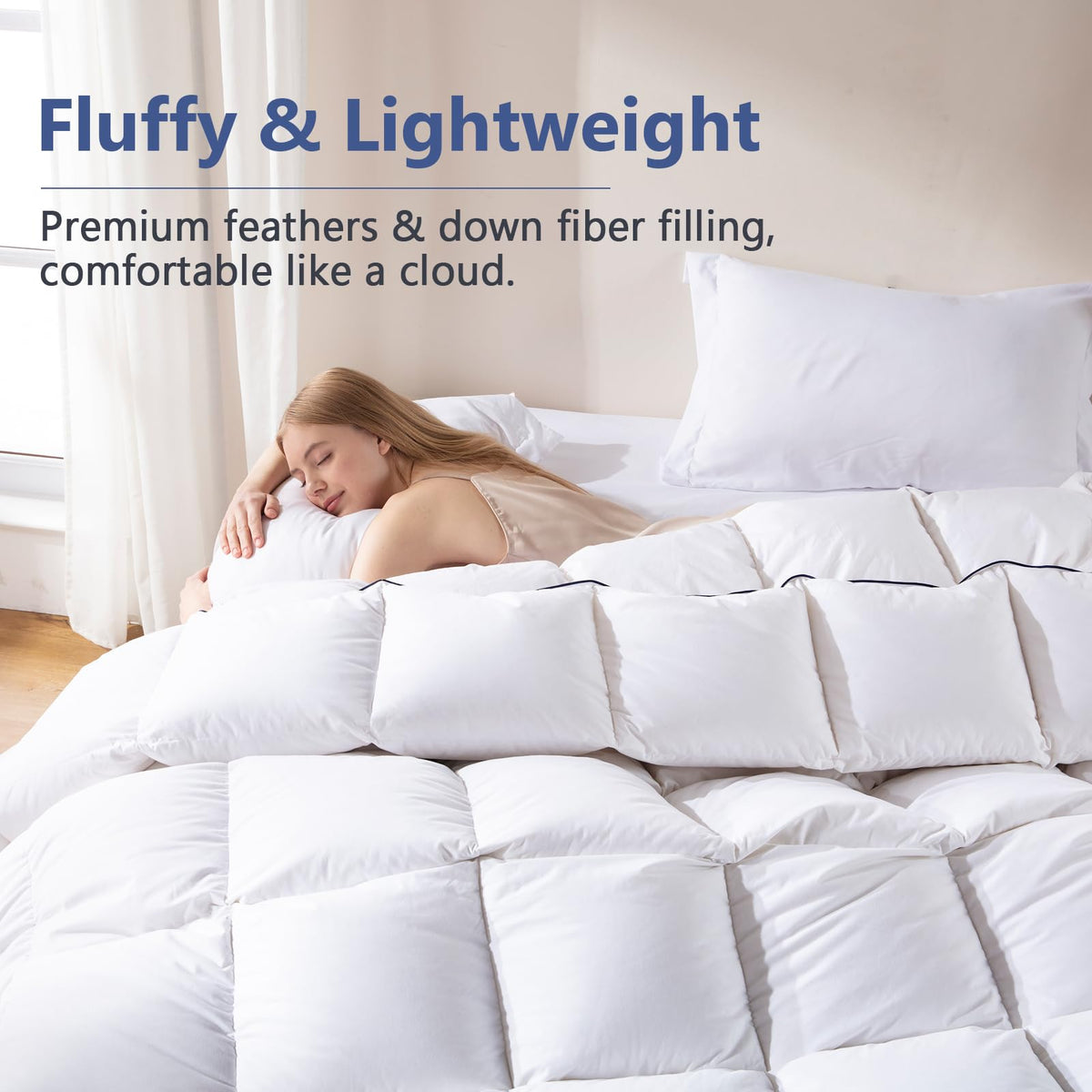 DOWNCOOL Feather Comforter King Size, 100% Cotton Cover, White 106"x90" Soft Fluffy Duvet Insert King, All Season Medium Warmth Luxurious Hotel Bedding Comforter, 8 Corner Tabs