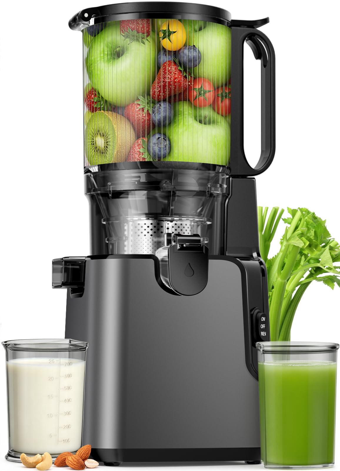 YPONE Juicer Machines 2-in-1 Cold Press Juicer Easy to Clean Titanium gray Making Juice, Nut Milk, 5.8" Large Chute , 400W Power Reverse Function With Pusher