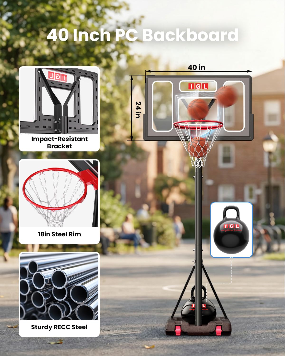 IGL Portable Basketball Hoop, 5.6-10FT Adjustable Basketball Goal System, 40/44 Inch Outdoor Basketball Hoop & Goals for Kids, Youth, and Adults in The Backyard, Driveway with PC Backboard