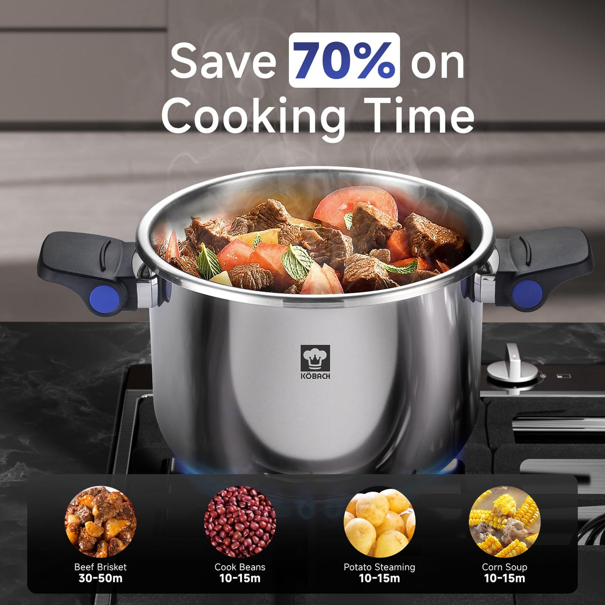 KOBACH 8QT Stainless Steel Pressure Cooker, Olla de presion, Cooking Pressure Cooker, Compatible with Induction and Gas Stovetops, Dishwasher Safe, One-Hand Opening Design