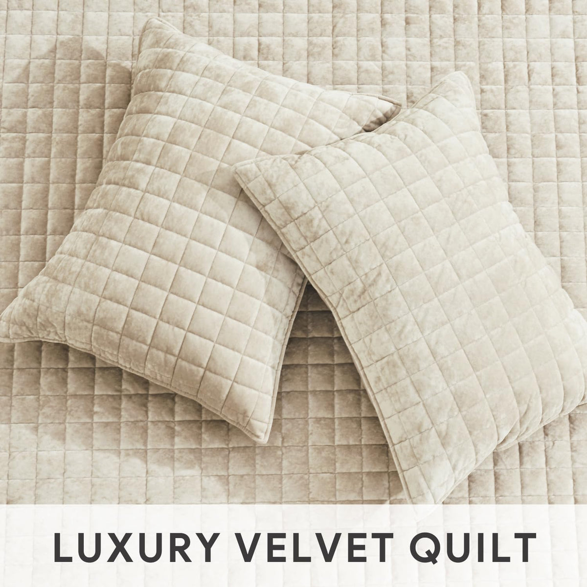 RECYCO Channel Box Stitch Velvet Quilt Set, King Size, Beige Ultra Soft Lightweight Velvet Comforter, Luxury Oversized Bedspread Coverlet, Quilted Bedding Set for All Season with 2 Shams
