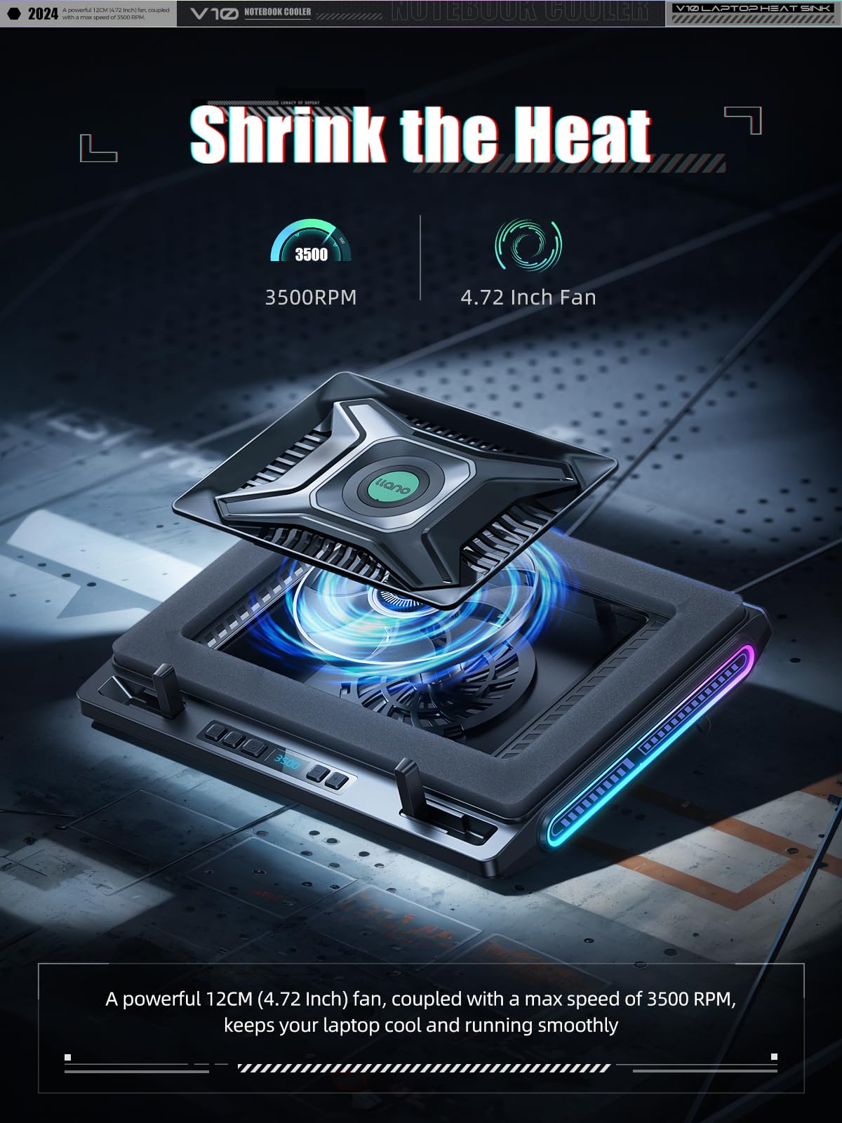 llano V10 Gaming Laptop Cooling Pad, RGB Laptop Cooler Stand Laptop Fan Powerful 4.72 Inch Turbo Cooling Fan, Fast Cooling Computer 13-17.3in, Button Control, 3 Adjustable Stand, 4-Port USB C&A