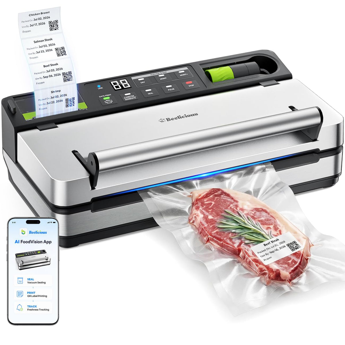 98kPa Smart Vacuum Sealer with FreshTrack Label Printing & Food Manager App Double Heat Seal, Dual-Pump Suction, Wider Easy-Lift Handle, Extra Moist Mode Food Sealer for Meal Prep, VSP801, Silver