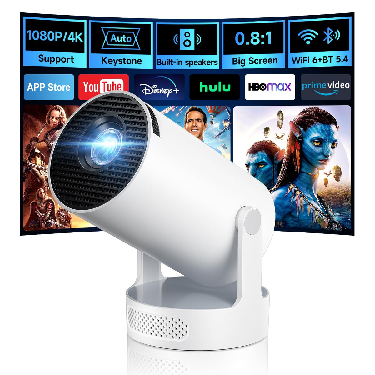 Mini Projector with WiFi 6 and BT 5.4, Built-in Apps 2026 Upgraded 1080P/4K Support, 180° Rotation, Wi-Fi 6 & Bluetooth 5.4, Automatic Keystone Correction, Fast Focus, 25 dB for home cinema