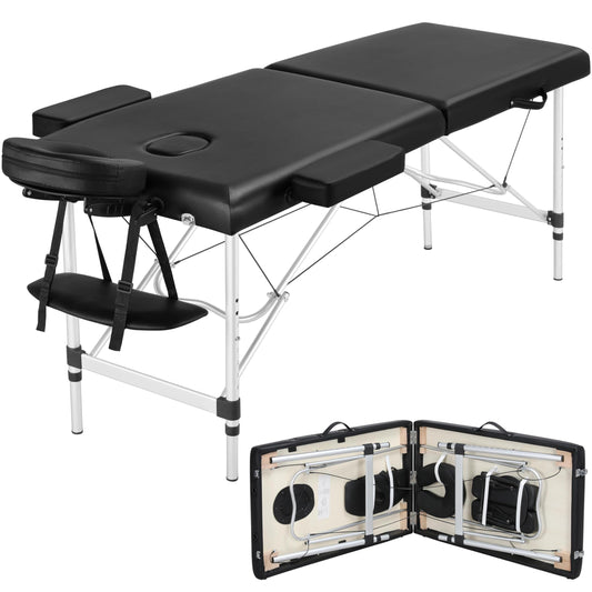 Yaheetech Portable Massage Table Foldable, Adjustable Salon Lash Bed, Black Sturdy Aluminum Frame & Cushioned PVC Leather Fold Flat for Easy Carry, Fast Setup, Height Adjustable at Home or Spa Tattoo
