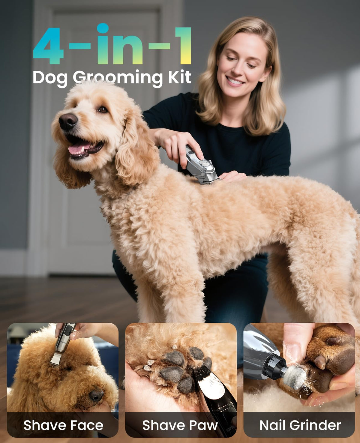 oneisall Dog Clippers for Grooming Thick/Matted Hair, 4-in-1 Grooming Kit Detachable Stainless Steel Blade, Powerful Motor, IPX6 Waterproof, Low Noise, Paw Trimmer and Nail Grinder, 9 Guide Combs