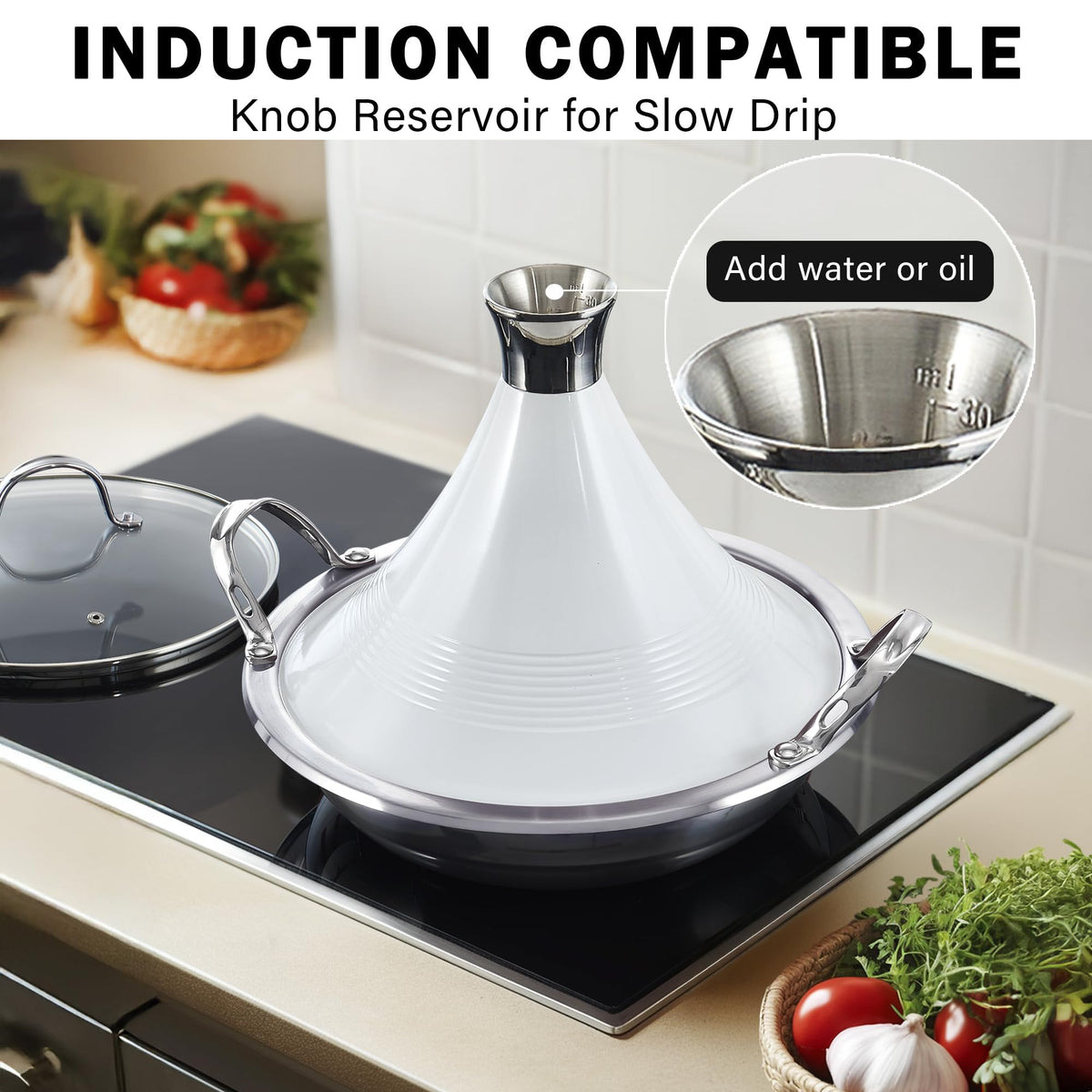 Cooks Standard 3.6-Qt Multi-Ply Clad Stainless Steel Moroccan Tagine Pot 11-inch Fully Clay Pot Alternative for Slow Cooking, Conical Die-Cast Aluminum & Glass Lid, White