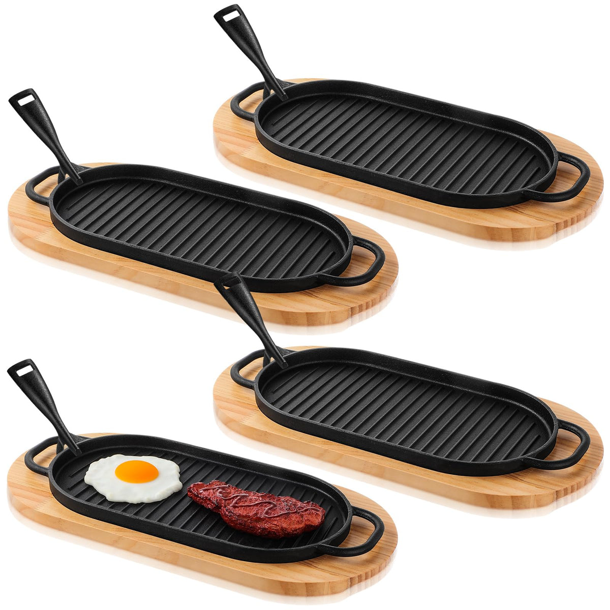 4 Sets Oval Cast Iron Fajita Skillet Pan Set, 12 x 6.3 Inch Sizzling Plate with Wooden Base, Removable Handle, Dual Loop Grips, Home Barbecue Kitchen Party Restaurant Catering Service