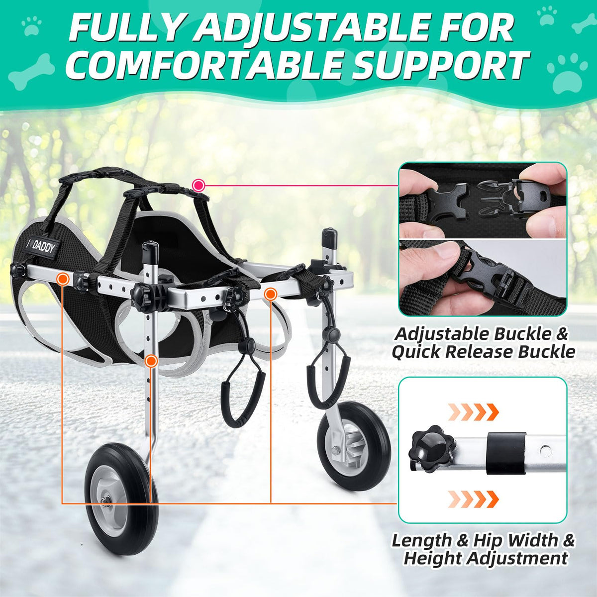 Nasjac Dog Wheelchair for Back Legs - Lightweight Portable Wheel Chair Adjustable Pet Wheel Cart with Reflective Stripes for Senior, Arthritis, Paralyzed, Injured, or Disabled Dogs