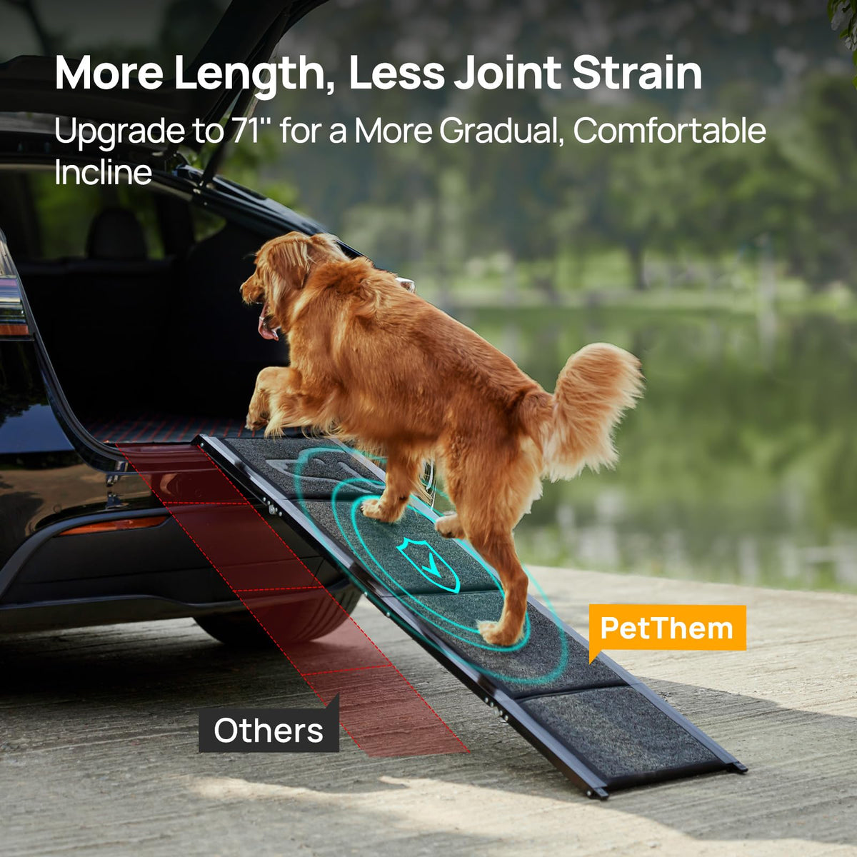 PetThem Dog Ramp for Cars, 71" L × 17.2" W, Extra-Long Foldable Extra-Long for a Gentler Climb, Non-Slip Rug Surface, 250-lb Capacity, Space-Saving Storage, Stable Support