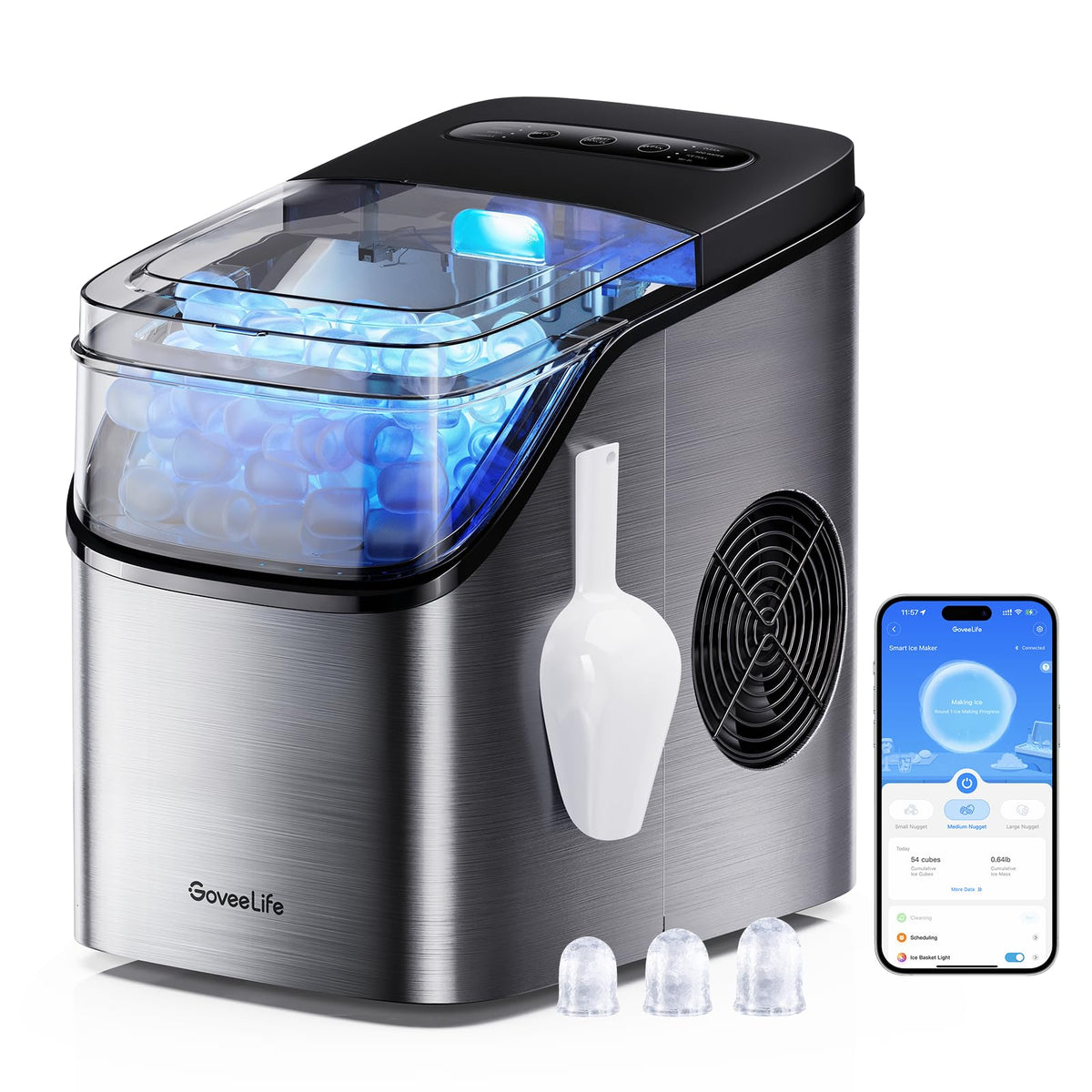 GoveeLife Smart Ice Maker, 9 Ice Cubes in 6 Mins 3 Sizes, 26lbs/Day, Silver Countertop Ice Maker with App & Voice Control, Self Cleaning, RGB Lights, Portable Ice Machine with Scoop for Kitchen, Party