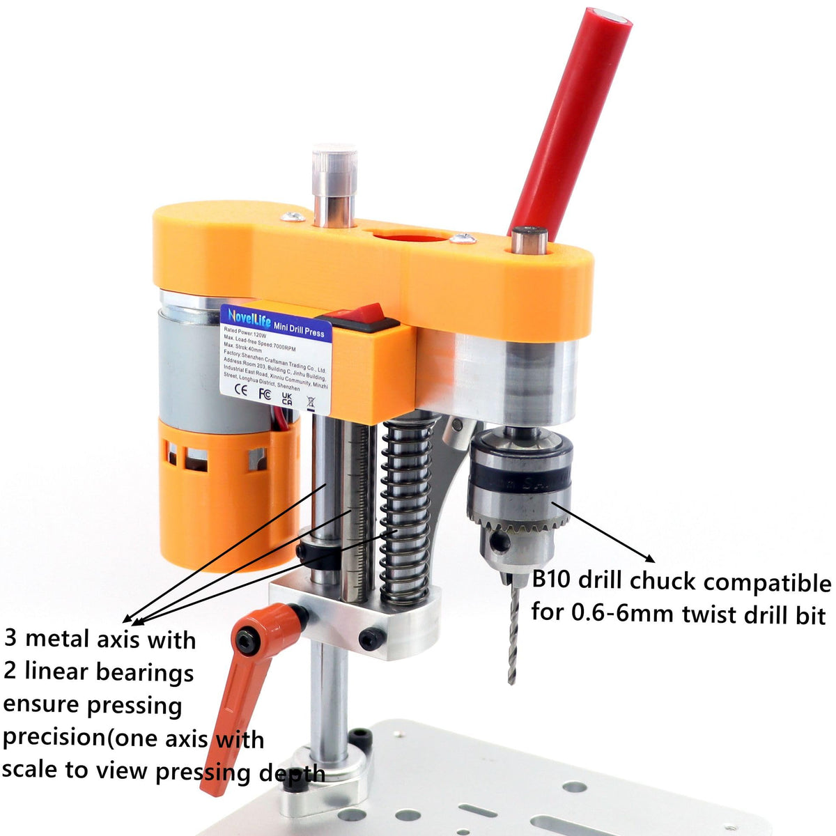 Precision Mini Drill Press Benchtop Driller Machine B10 Upgraded Compact desk size, compatible with 0.6mm-6mm drill bit, 40mm max. stroke, precise drilling on wood, metal, jewelry DIY crafts
