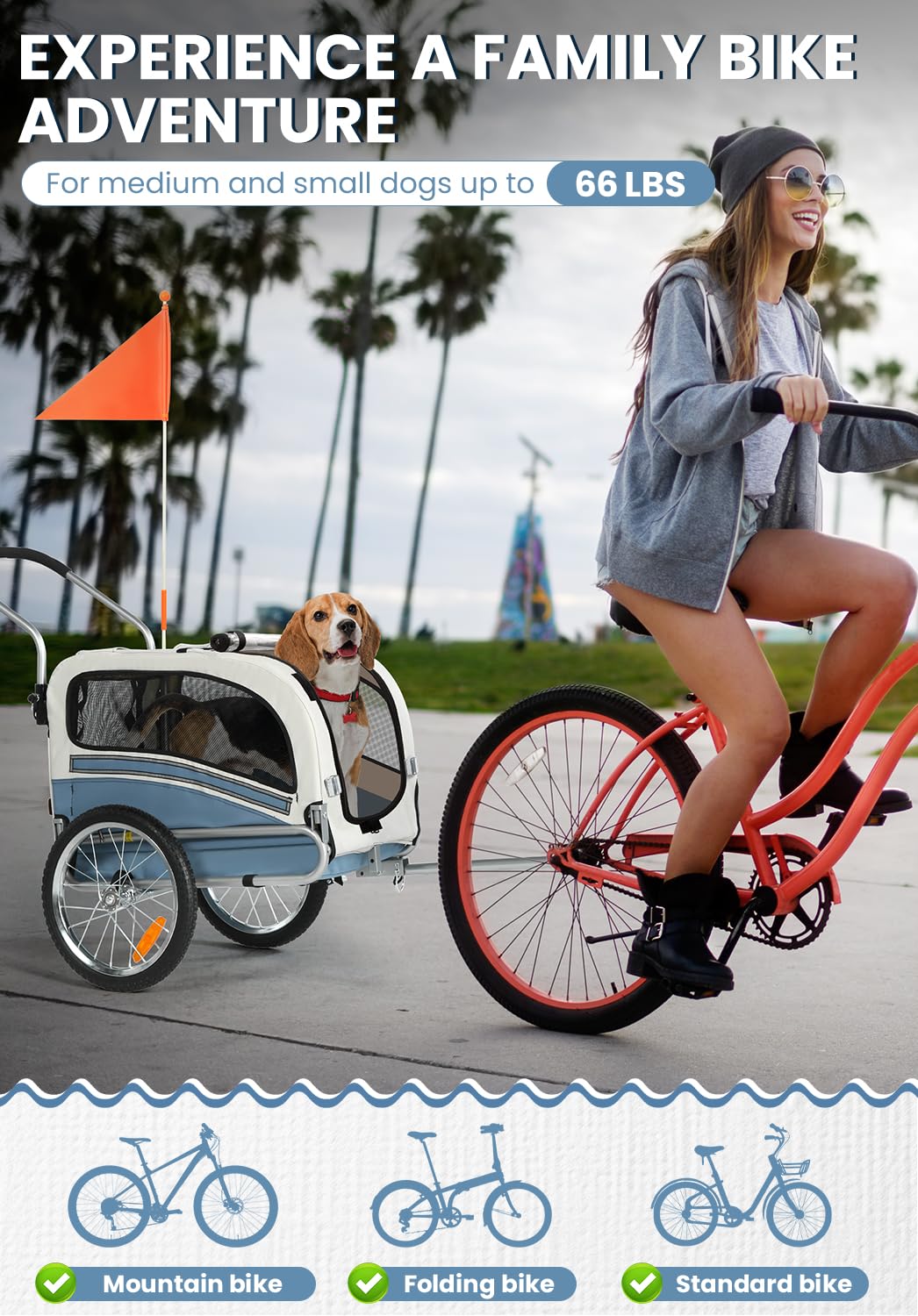 Sepnine 2 in 1 Pet Bicycle Trailer with a 6" Stroller Wheel Suitable for Small and Medium Dogs, Carrier Up to 66/88 LBS, Easy Folding Cart Frame, Quick Release Wheel, Universal Bicycle Coupler