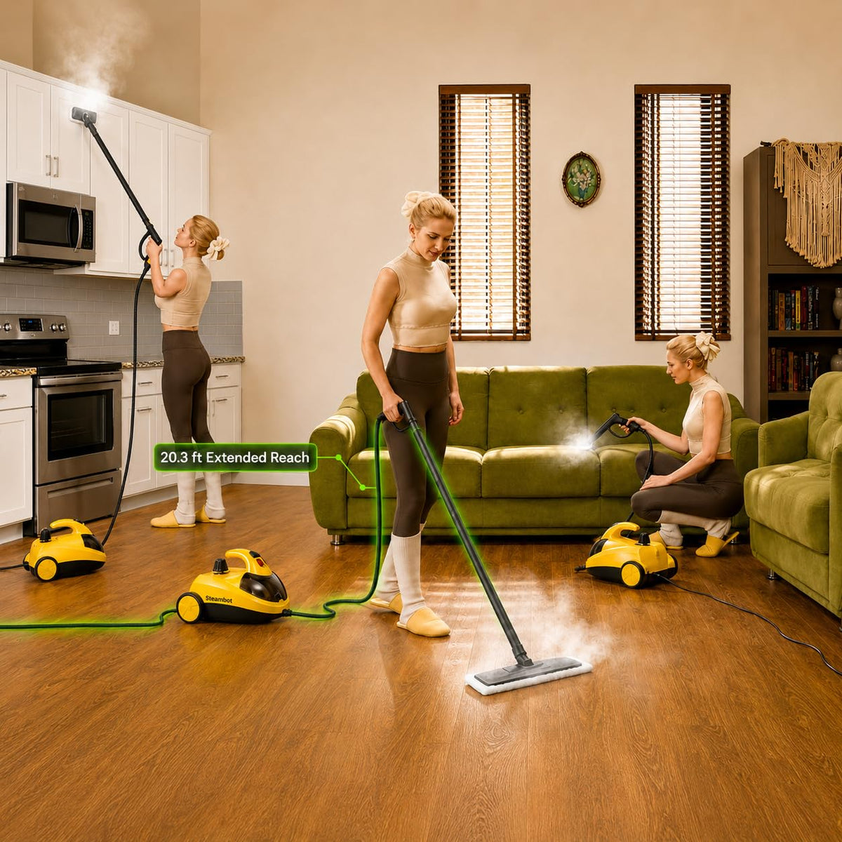 STEAMBOT® Heavy Duty Steam Cleaner for Home, 2L Tank Extended 20.3 ft Reach Multipurpose 28 Accessories, Safety Lock, Chemical-free Steamer for Cleaning for Kitchen, Grout, Tile, Window and Car