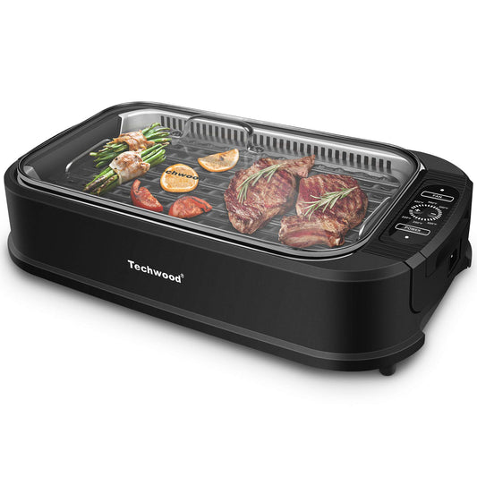 Indoor Grill, Techwood 1500W Smokeless Electric Grill with Tempered Glass Lid, Compact & Portable Non-Stick BBQ Grill with 6-Level Control, Dishwasher Safe, Black