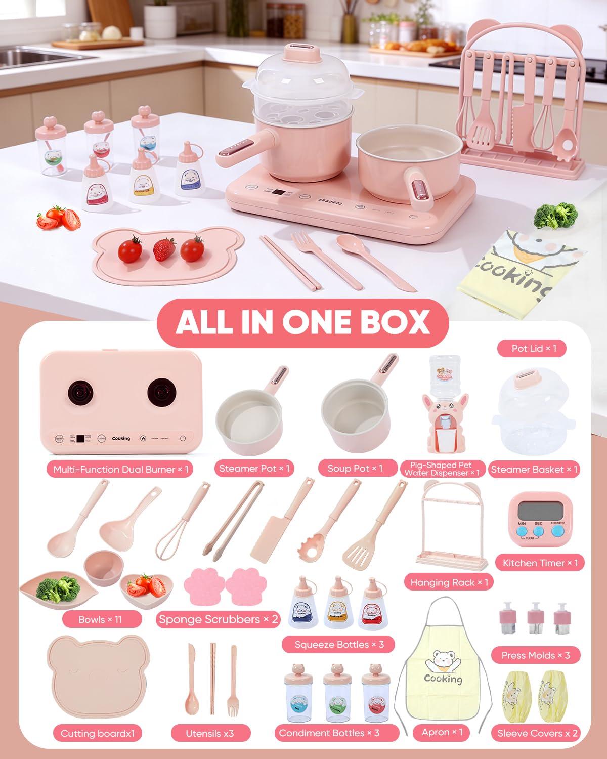 Real Cooking Set with 110V Dual Burner, Mini Kitchen Set (Pink) Operate Each Burner Separately or Together to Steam, Boil and Heat Two Dishes at Once