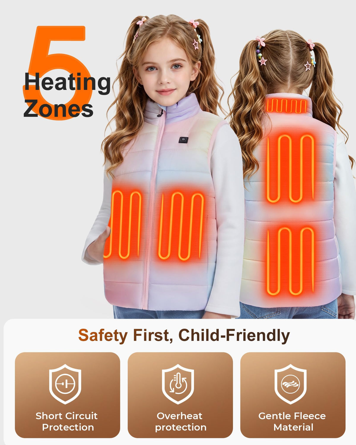 Glaais Kids Heated Vest with 7.4V 12000mAh Battery Pack Included, Electric Heating Vest for Girls