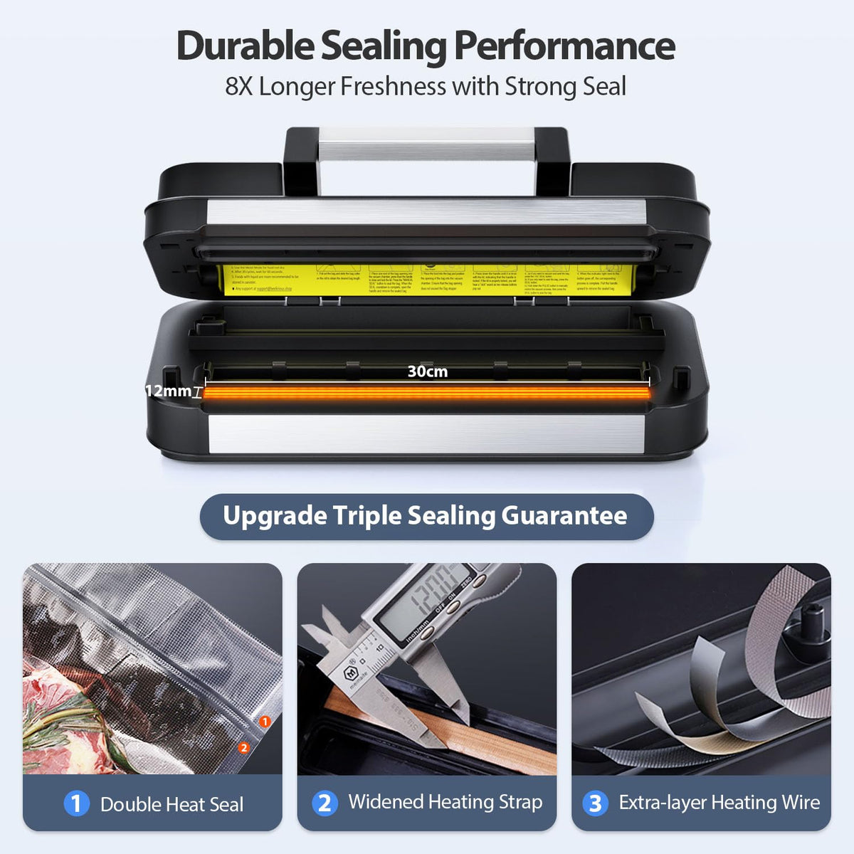 95kPa Precision Vacuum Sealer for Food with Dry/Moist Modes, 2X Strength Double Heat Seal, Dual-Pump Suction, Easy-Lock Handle, Food Sealer with Built-in Cutter & Bag Storage, Stainless Steel