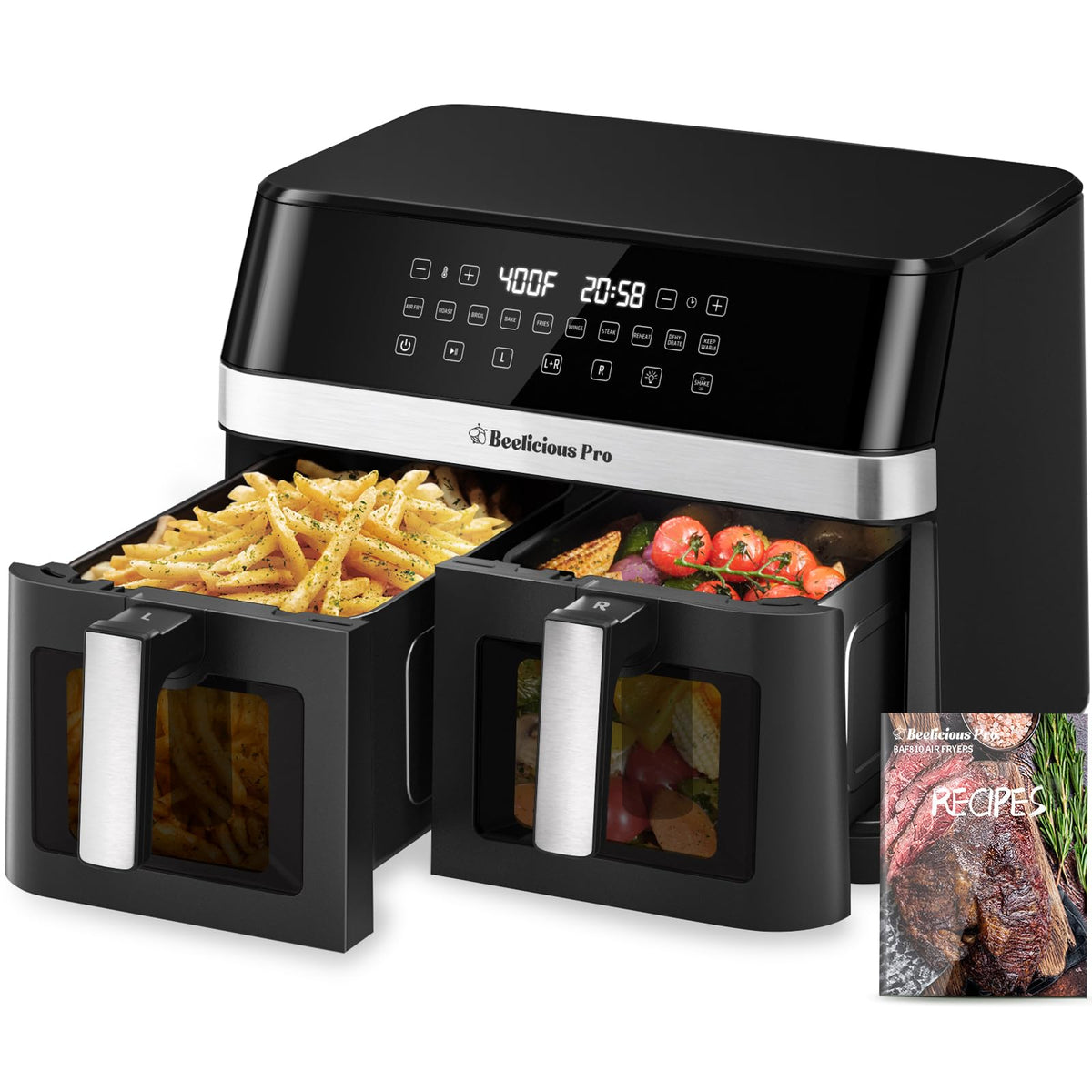 12QT Large Dual Air Fryer, 10-in-1 with SyncCook, ProTemp & UltraCrisp Tech 360° Rapid Airflow, 2×6QT Baskets, Family-Size, 60° Easy-Panel, Full Touchscreen, Viewing Windows, Nonstick & Dishwasher Safe